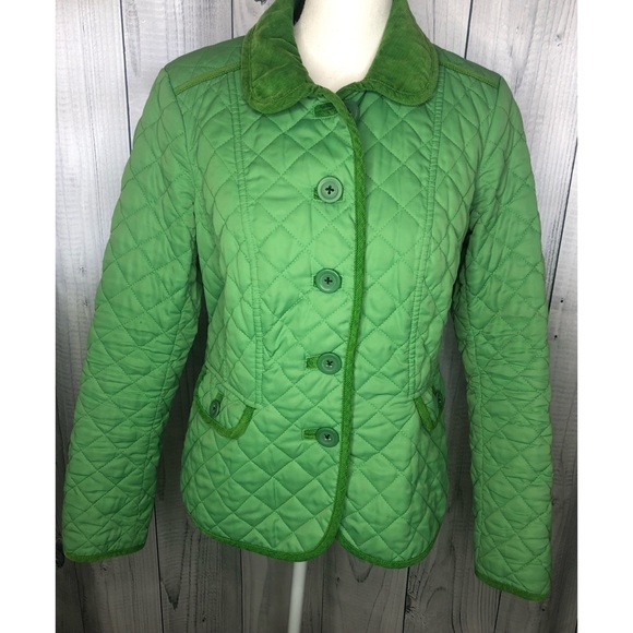 Boden Quilted Button Down Jacket Corduroy Trim Green Sz 6 - Picture 1 of 12